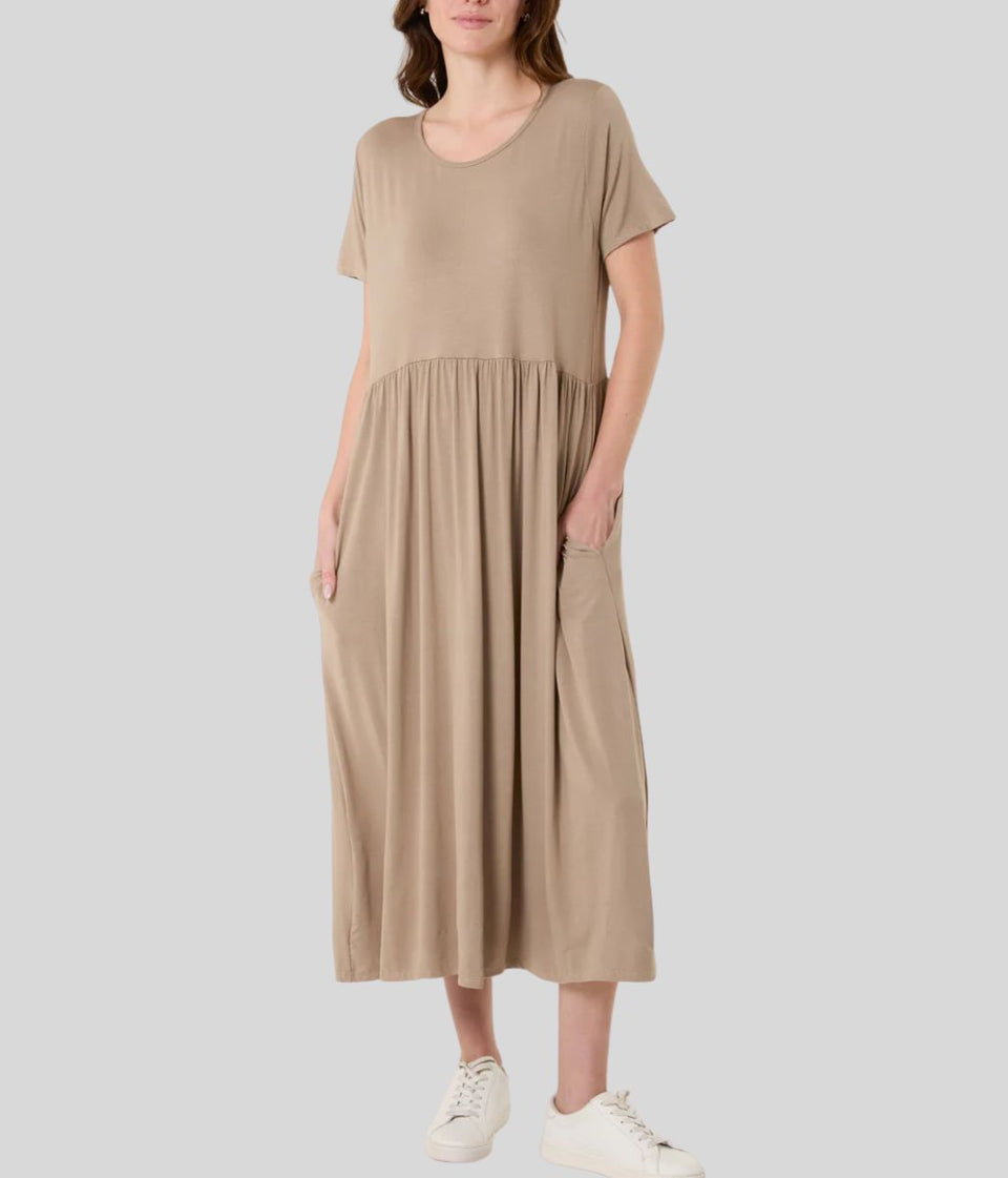 Beige Stretch Tiered Midi Dress