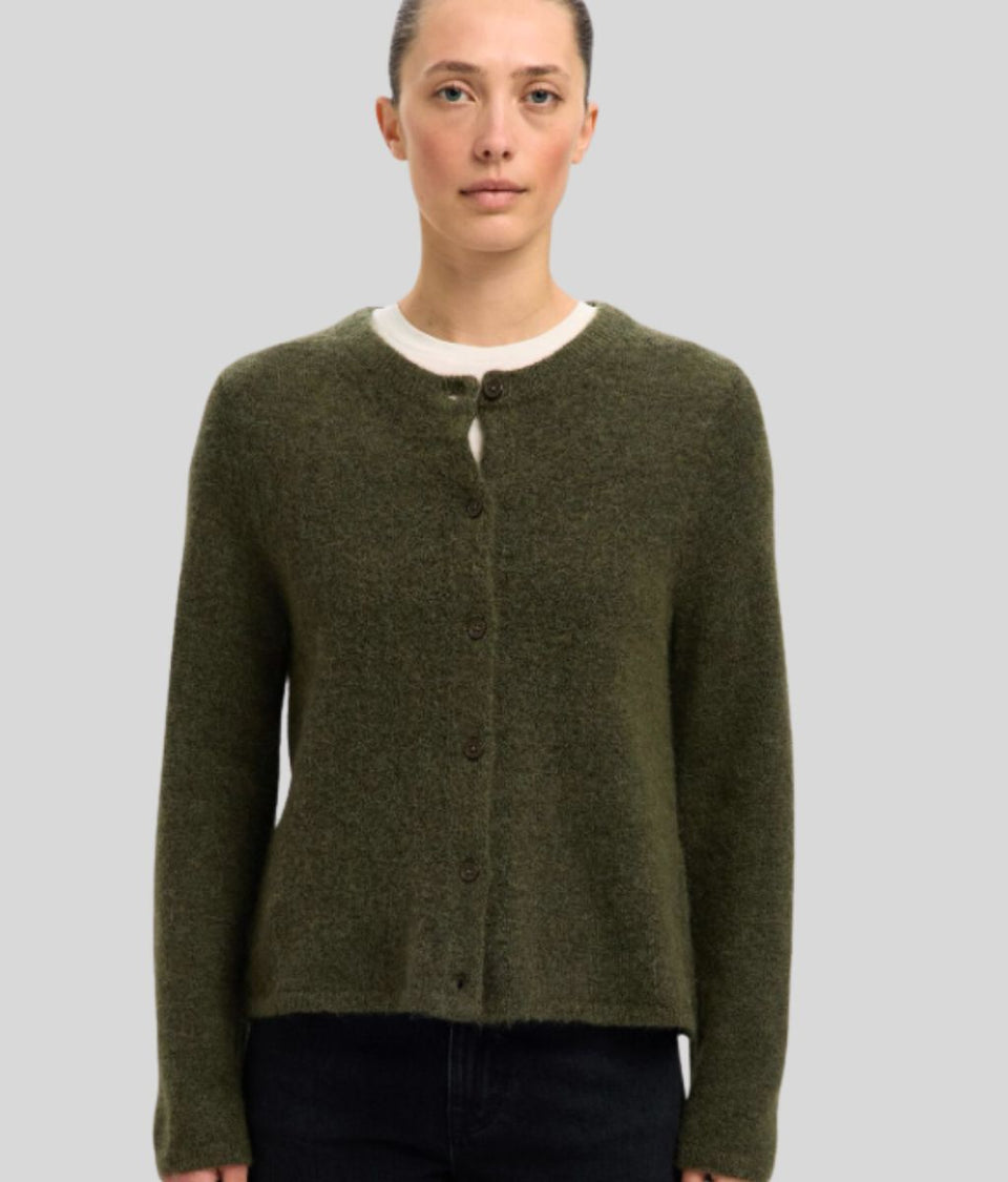 Khaki Designer Alpaca Wool Button Cardigan