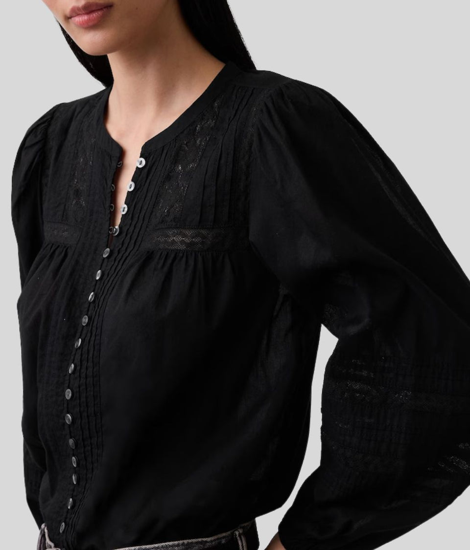 Black Pintuck Lace Trim Blouse