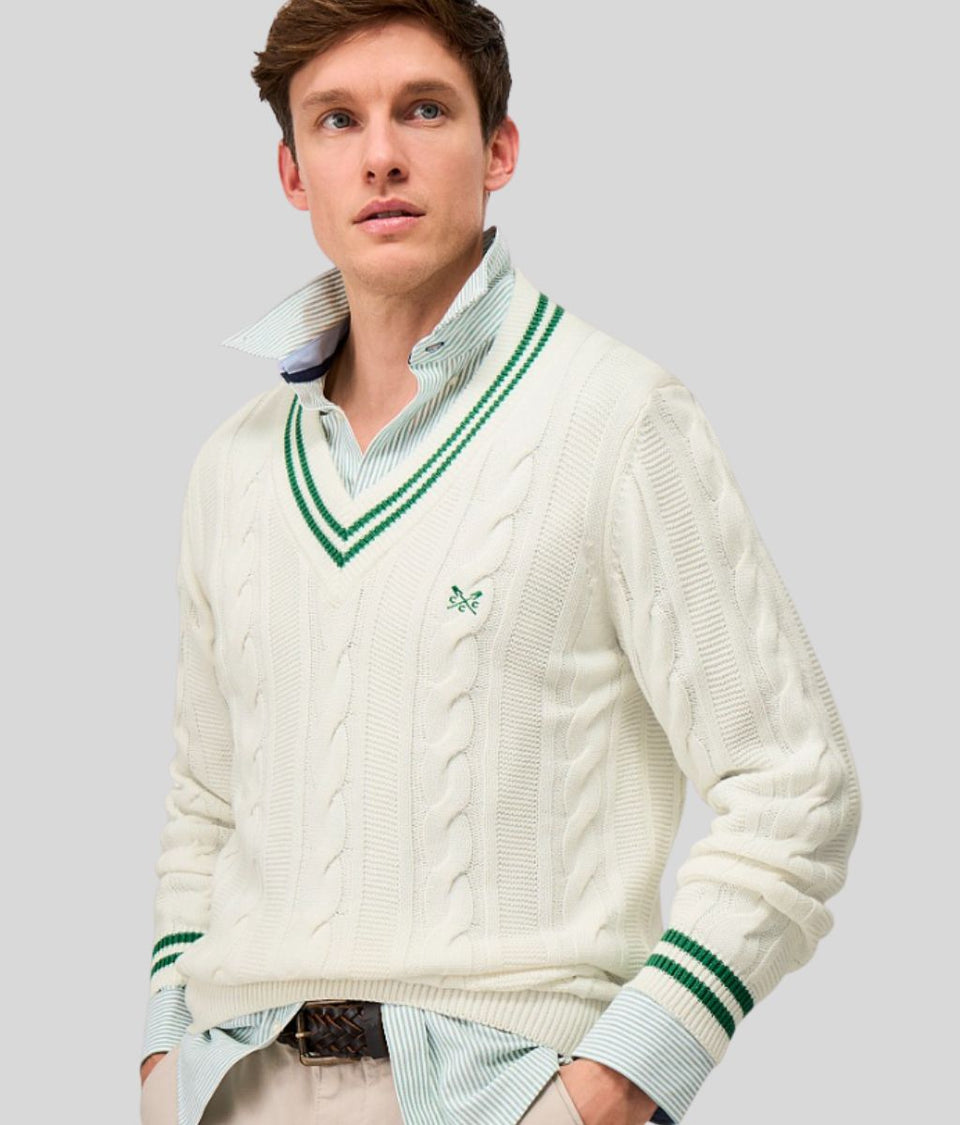 Mens Ivory V Neck Cricket Jumper