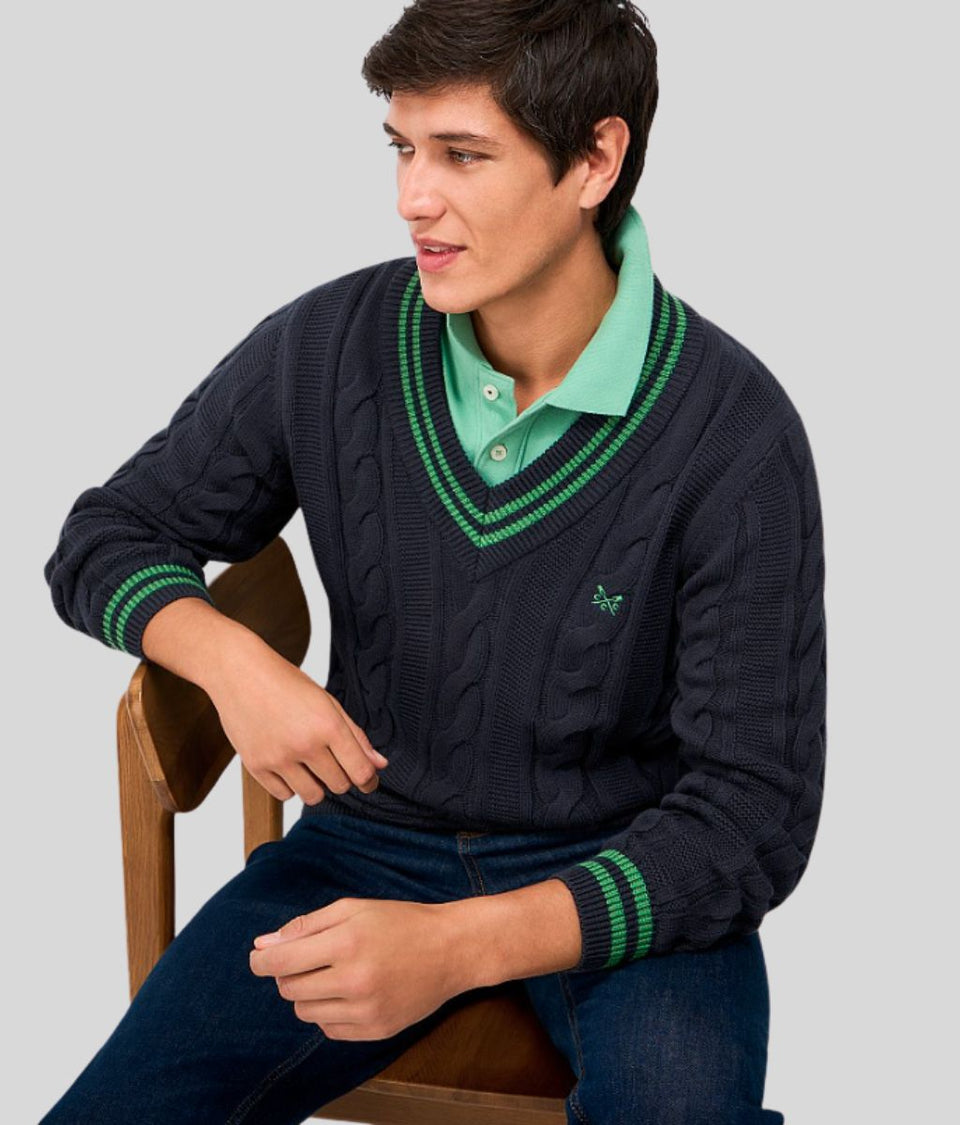 Mens Green V Neck Cricket Jumper