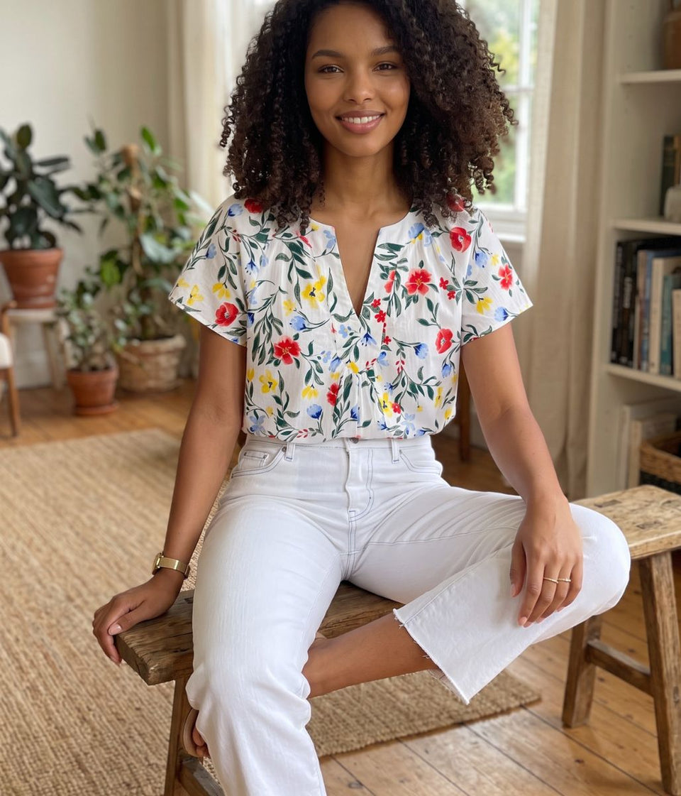 White Flower Smock Blouse