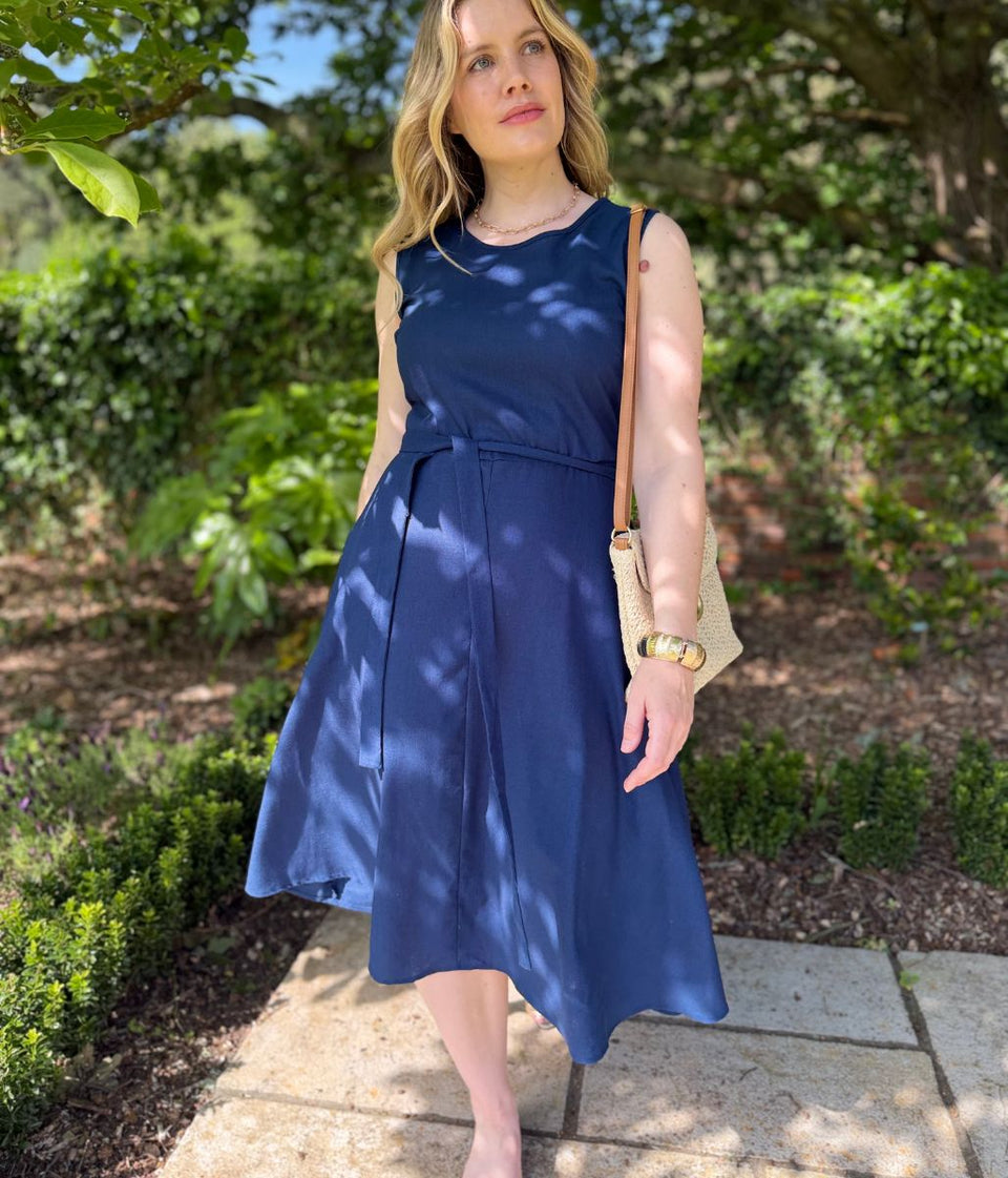 Navy Sleeveless Belted Linen Blend Midi Dress