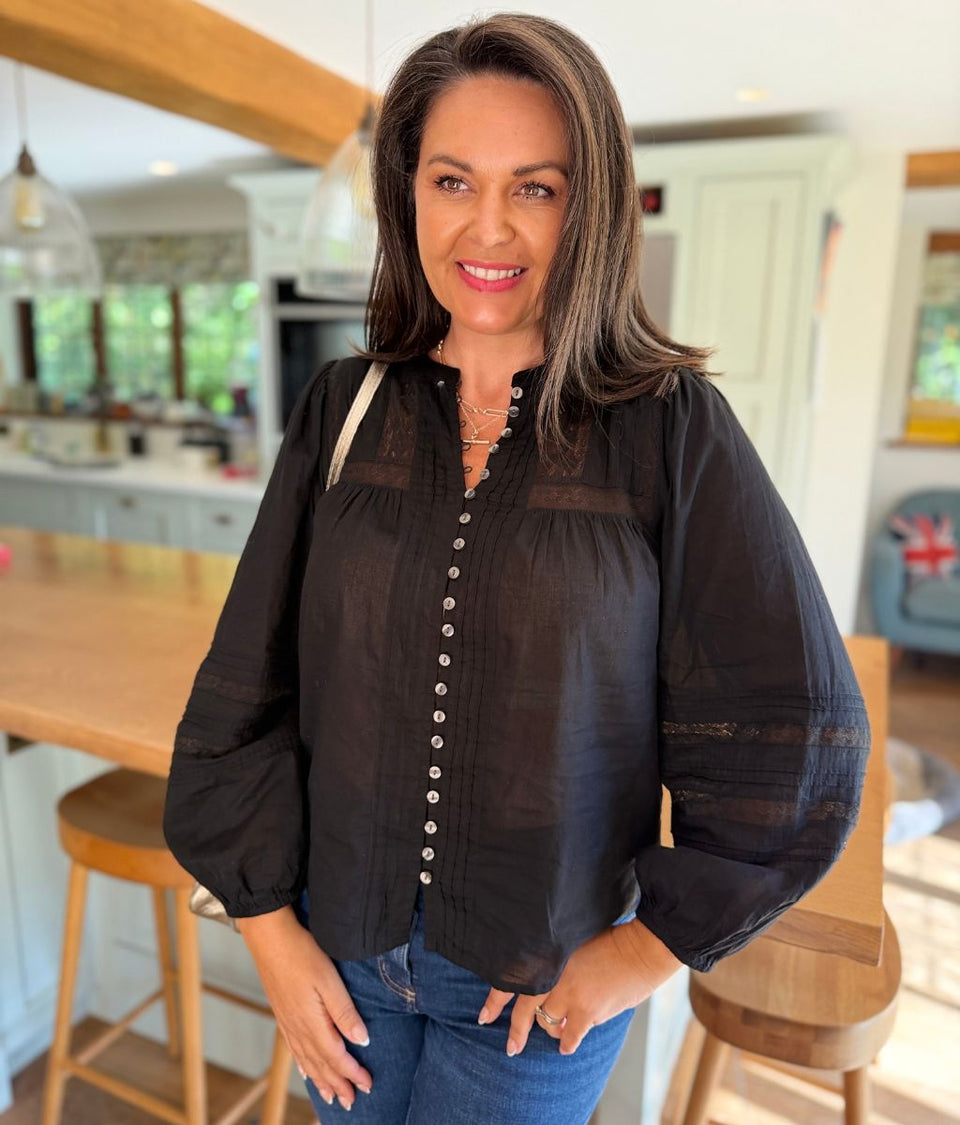 Black Pintuck Lace Trim Blouse