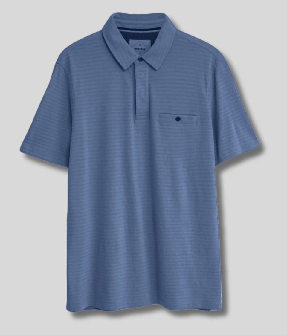 Mens Blue Self Stripe Cotton Polo Shirt
