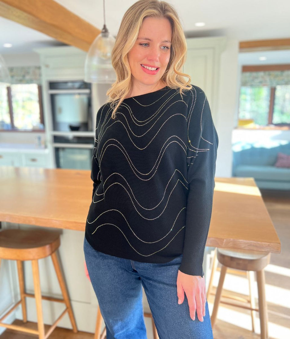 Black Sparkle Diamante Swirl Fine Knit Jumper