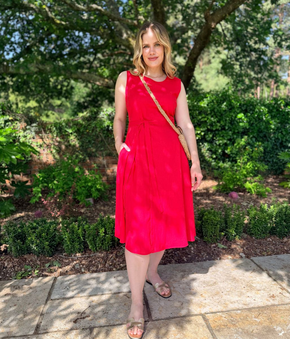 Red Sleeveless Belted Linen Blend Midi Dress