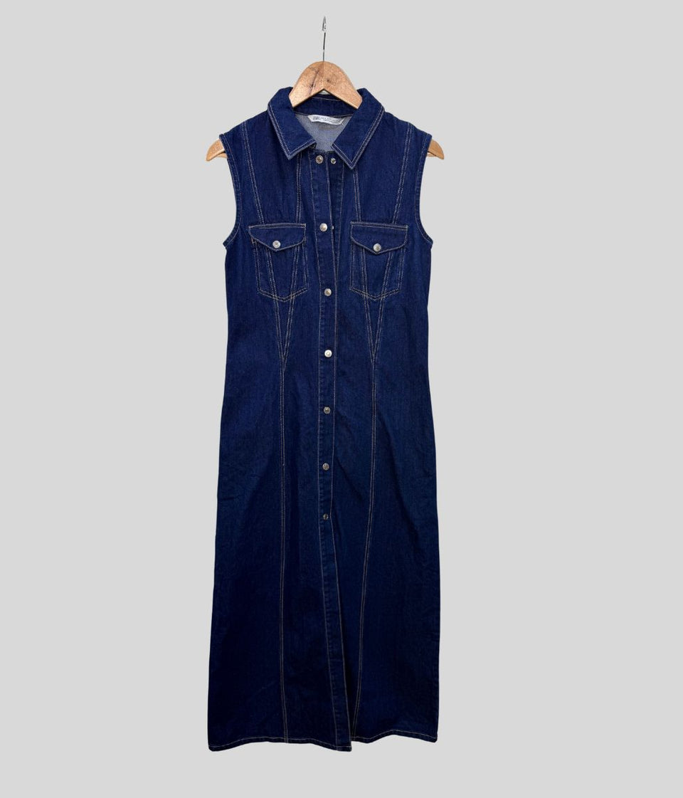 Dark Indigo Sleeveless Denim Button Through Midi Dress