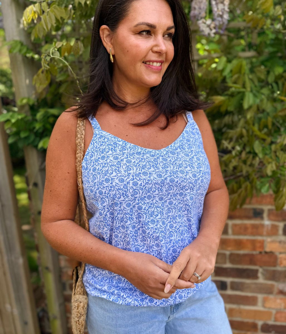 Blue Flower Print Strappy Vest Top