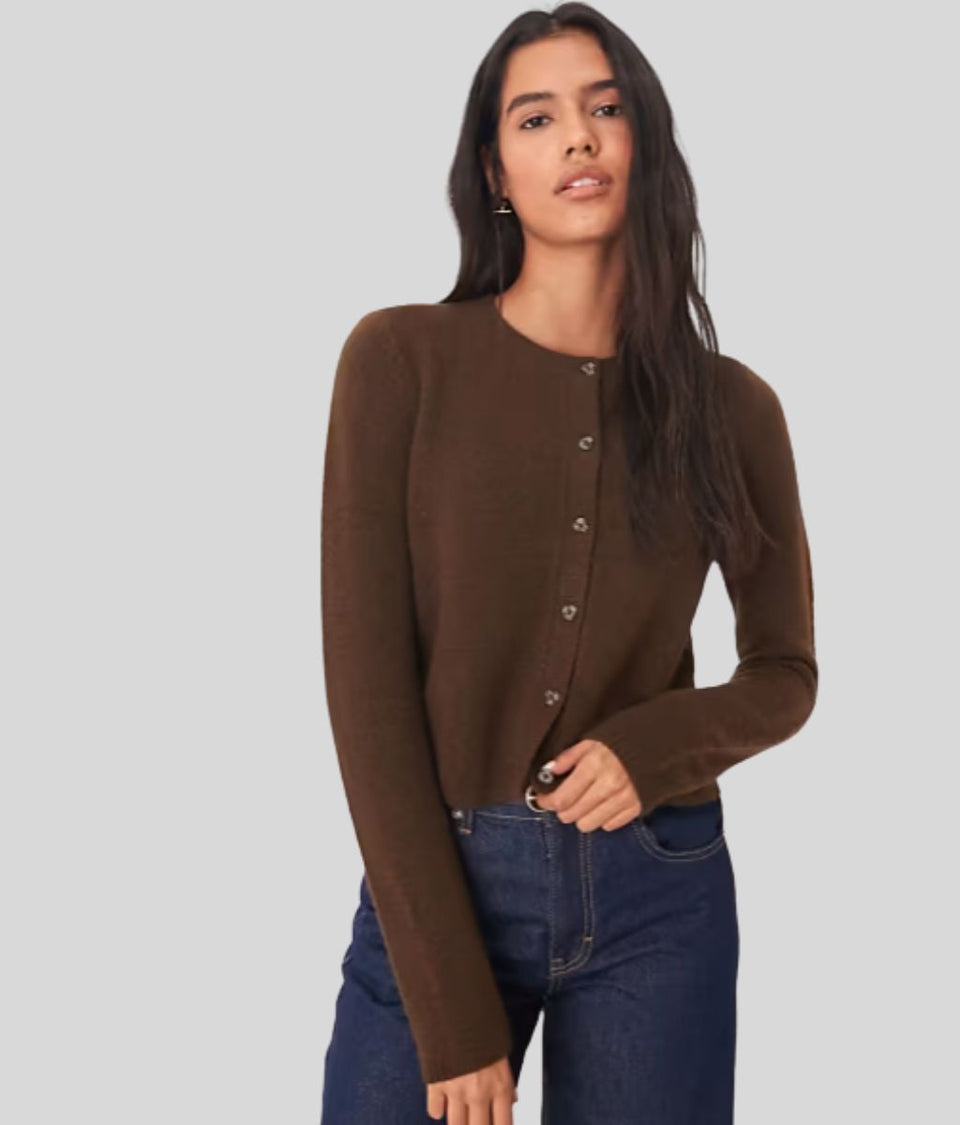 Brown Crew Neck Wool Blend Cardigan