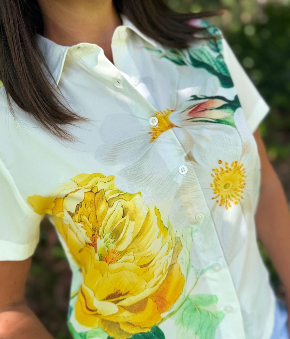 Yellow Floral Short Sleeve Silky Shirt
