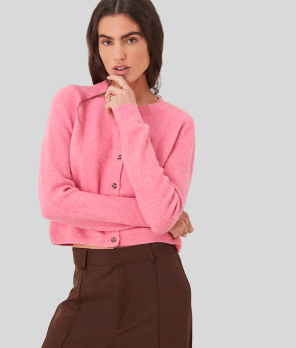Bright Pink Crew Neck Wool Blend Cardigan