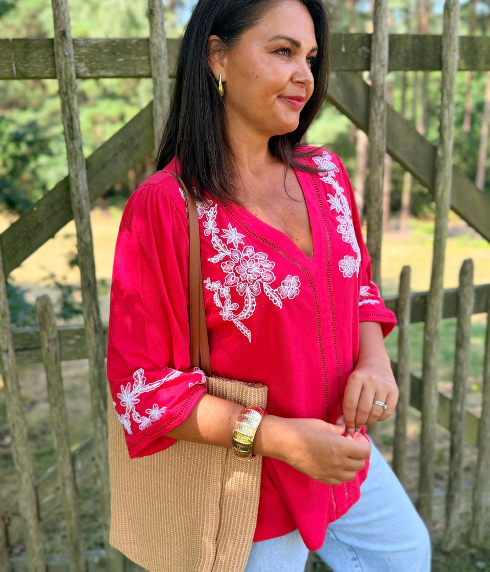 Raspberry Embroidered V Neck Top