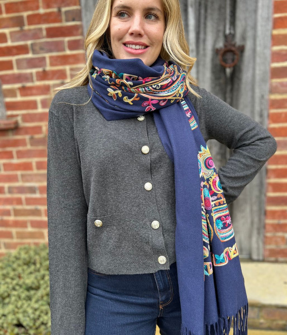 Grey Cardigan Sweater with Gold Buttons