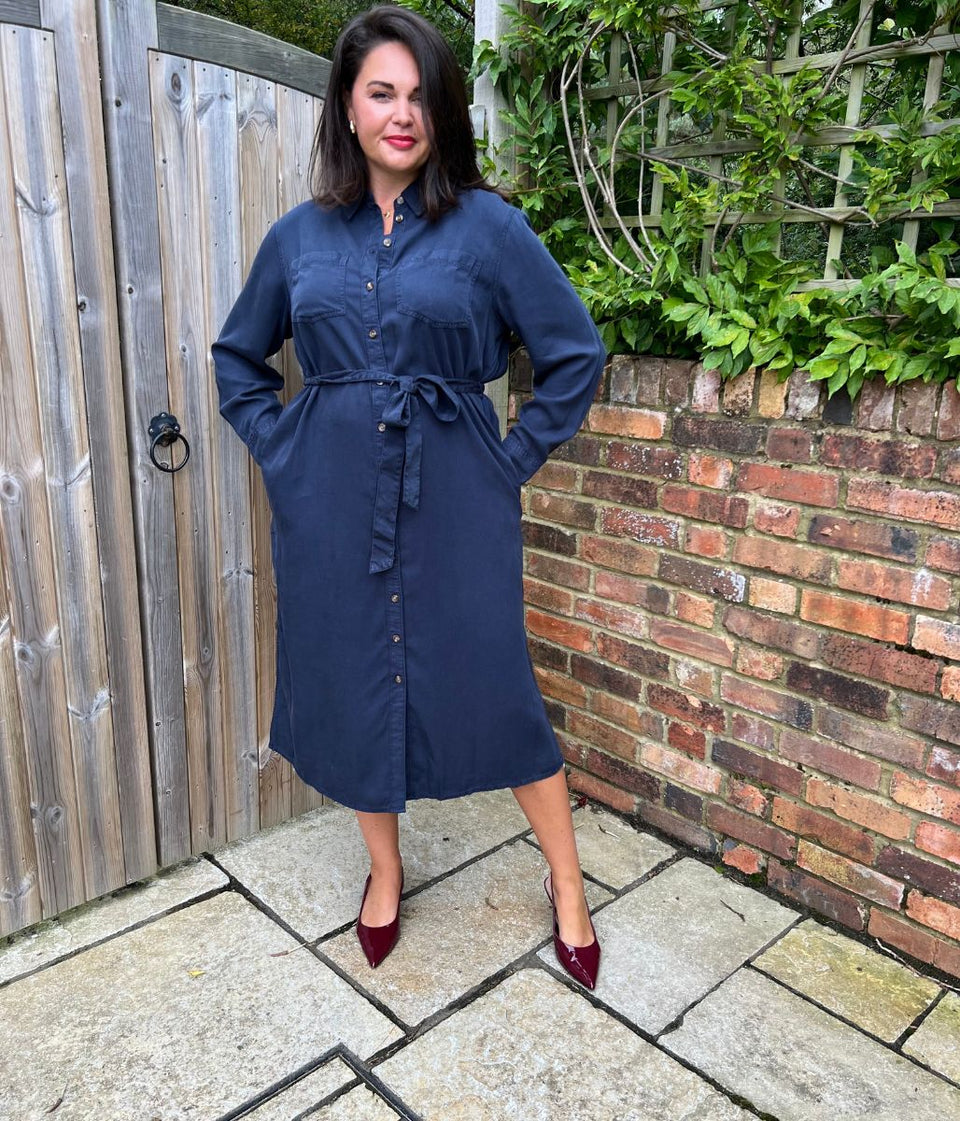 Navy Tencel Belted Midi Shirt Dress