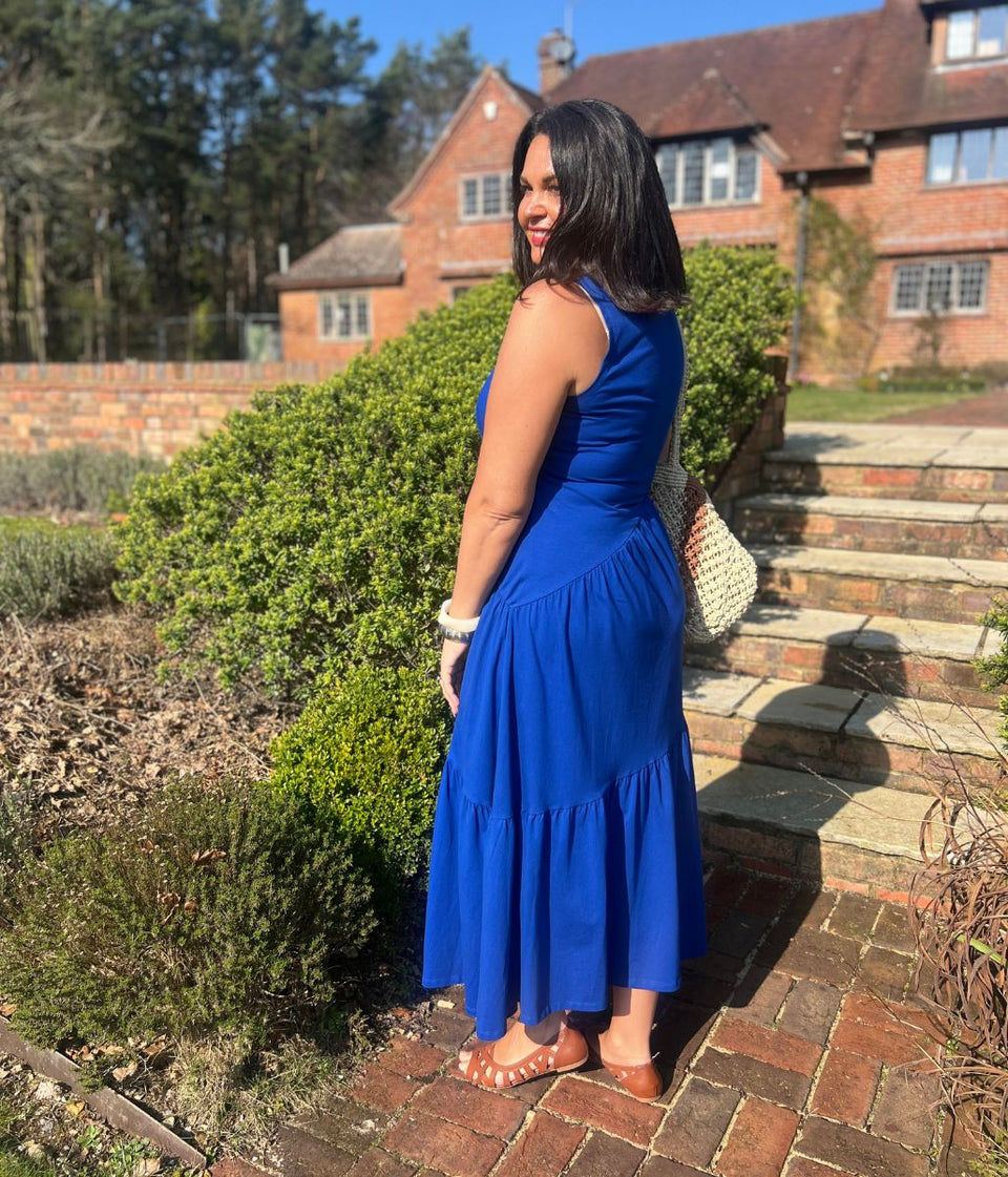 Blue Premium Asymmetric Sleeveless Jersey Dress