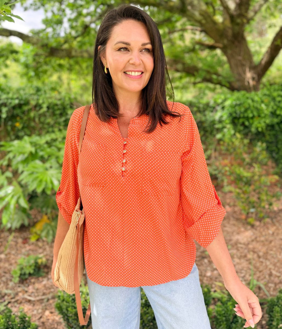 Orange Polka Dot Popover Blouse