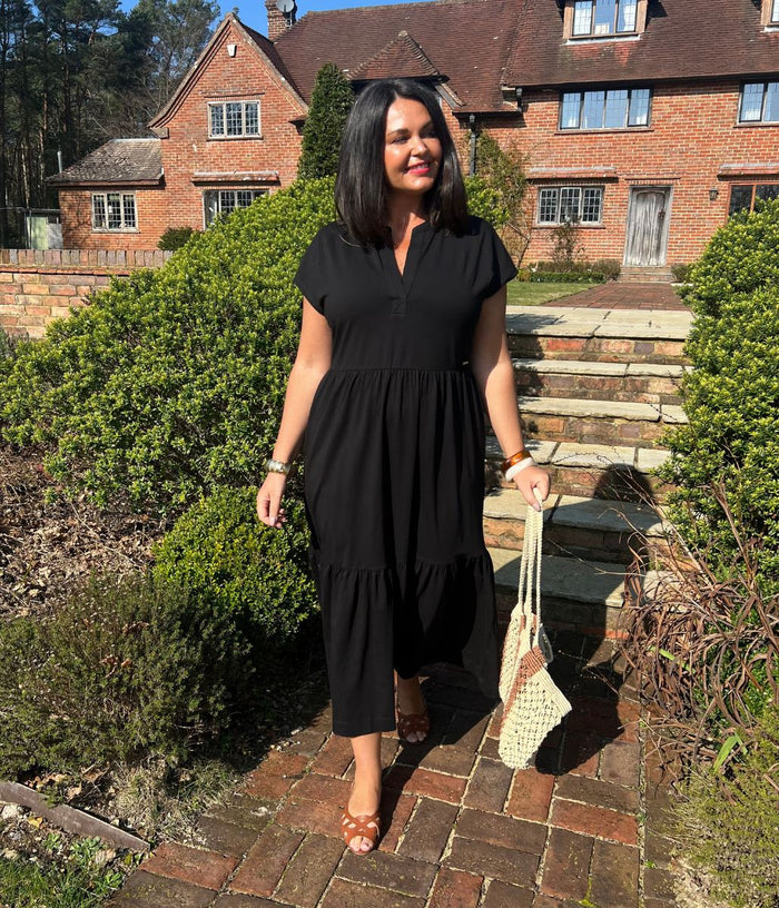 black tiered jersey dress Tiered Poly Jersey Dress Black