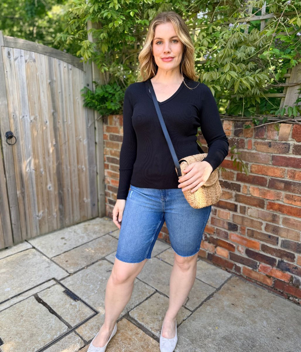 Black Cotton Rich Ribbed V Neck Top