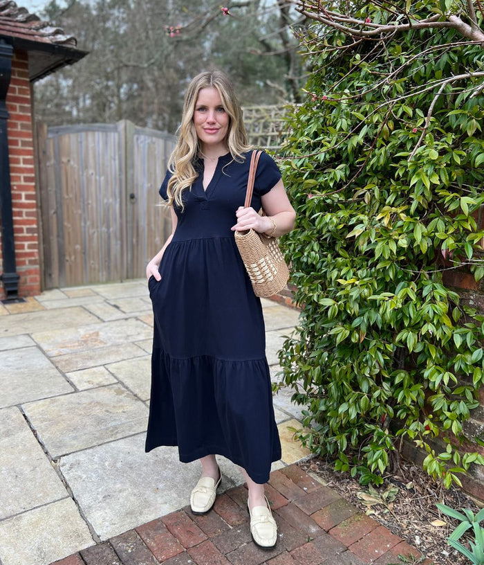 Navy Tiered Premium Notch Neck Jersey Dress Highstreet Outlet UK Navy Tiered Premium Notch Neck Jersey Dress Highstreet Outlet UK