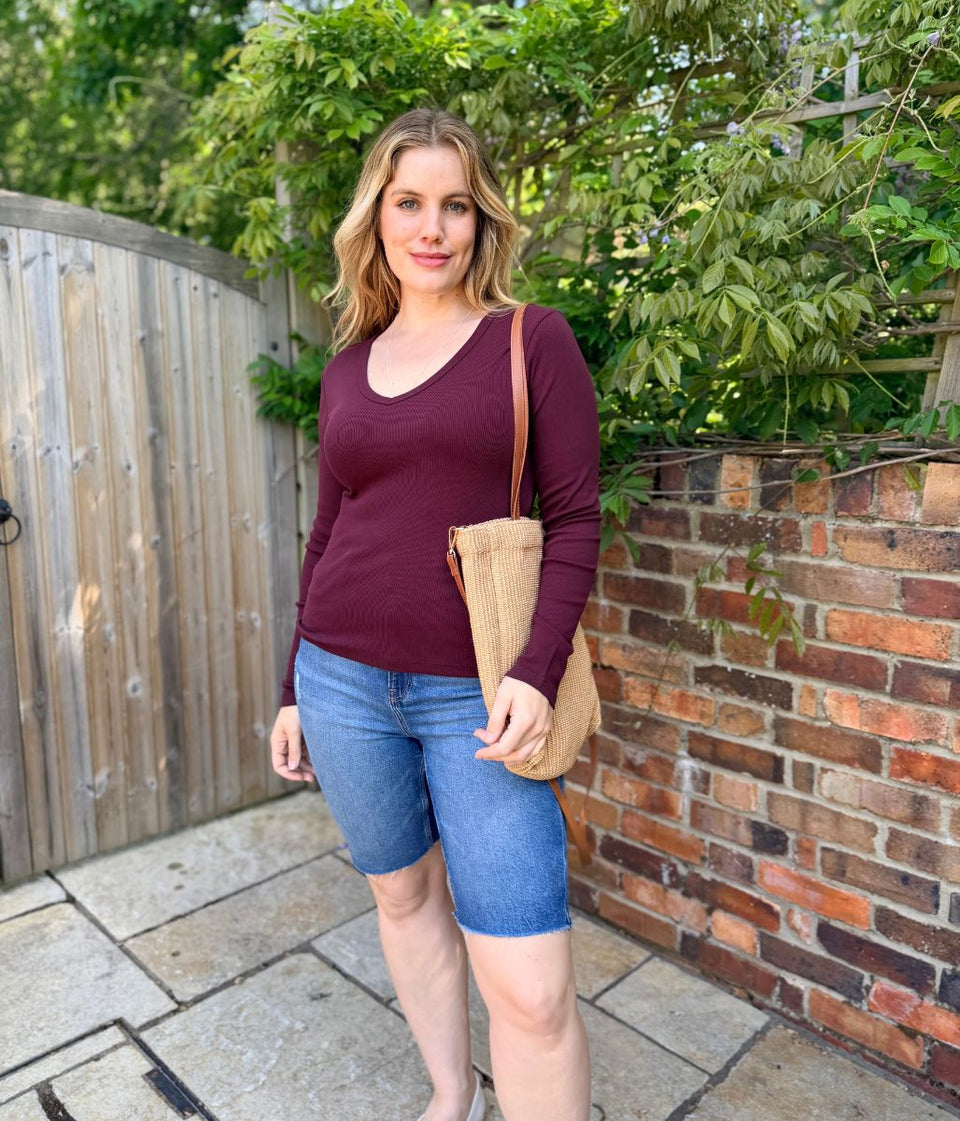 Burgundy Cotton Rich Ribbed V Neck Top