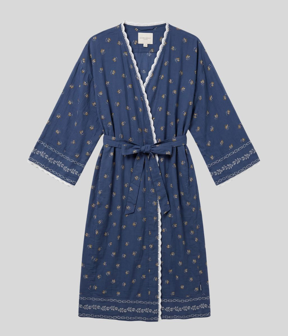 Grey Blue Flower Print Dressing Gown