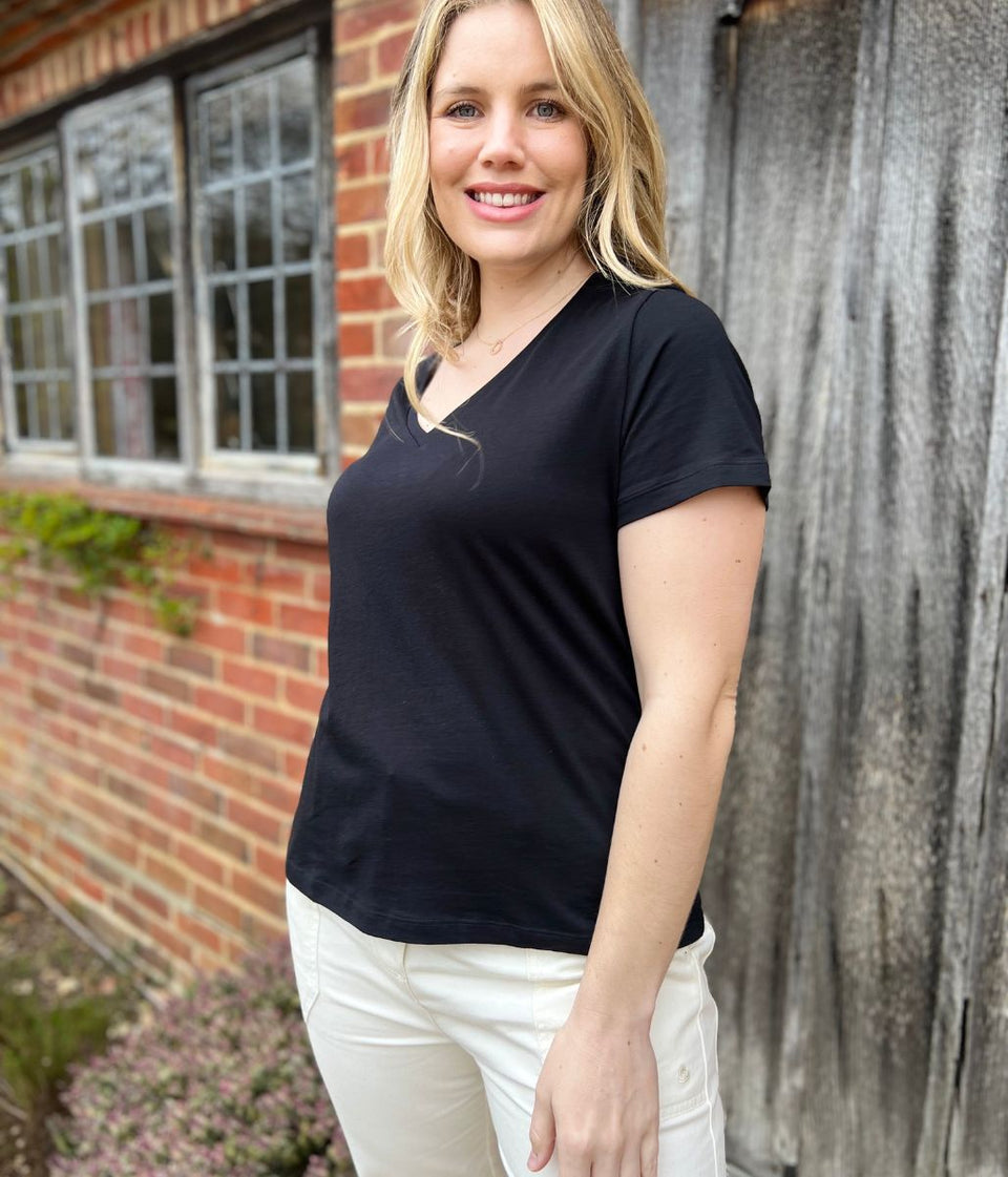 Black Pure Cotton V Neck T Shirt