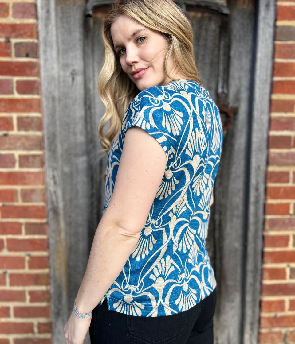 Iris Blue Printed Linen Top