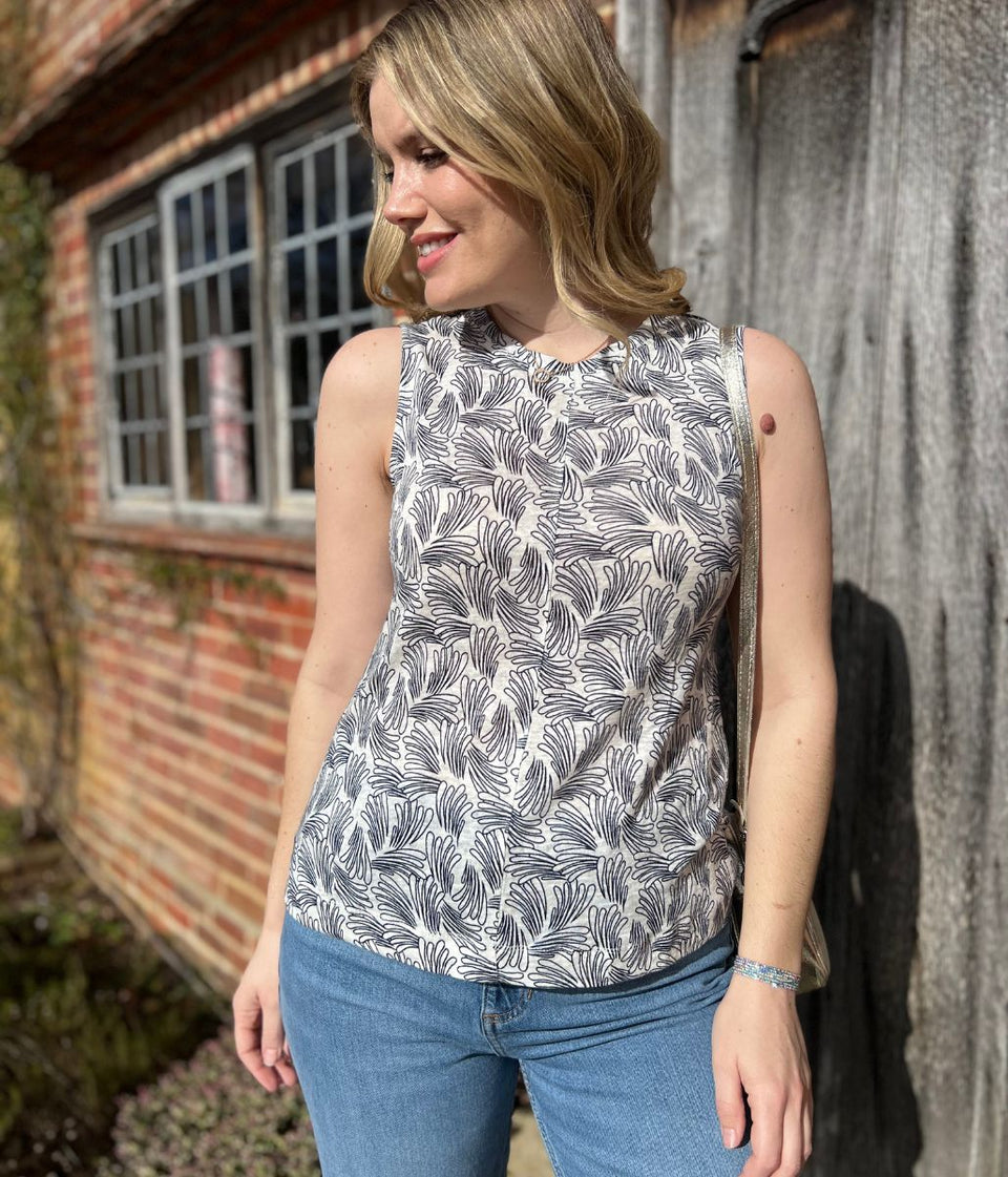 Rylee Navy/White Print Linen Vest Top