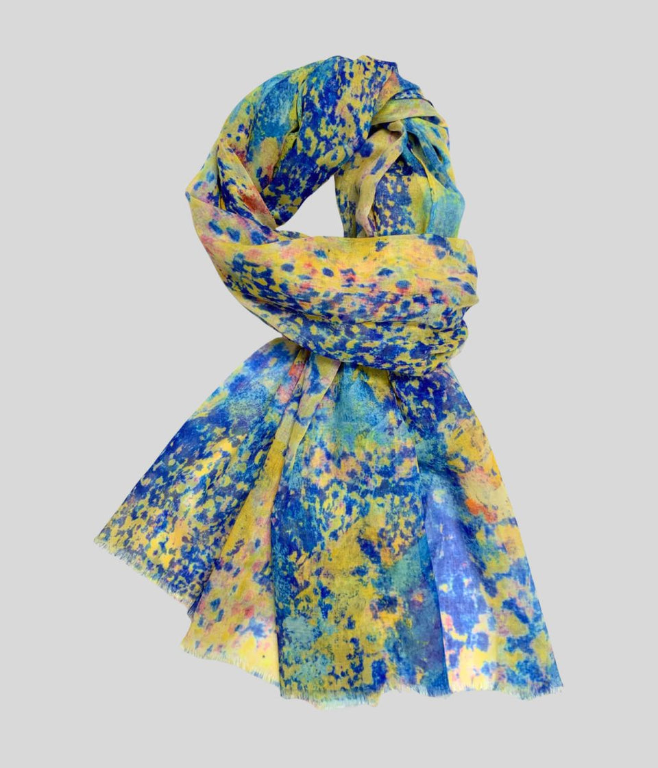 Blue Watercolour Print Cotton Blend Scarf