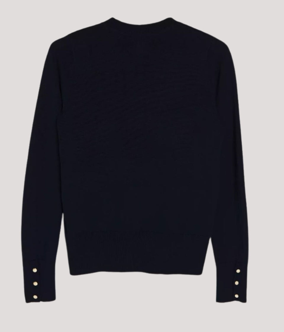 Navy Fine Knit Button Cuff Jumper