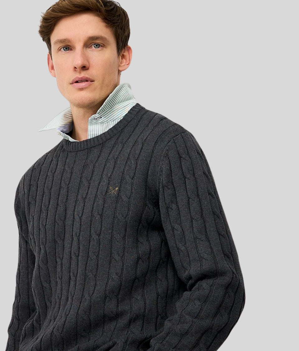 Mens Charcoal Oarsman Cable Knit Crew Neck Jumper