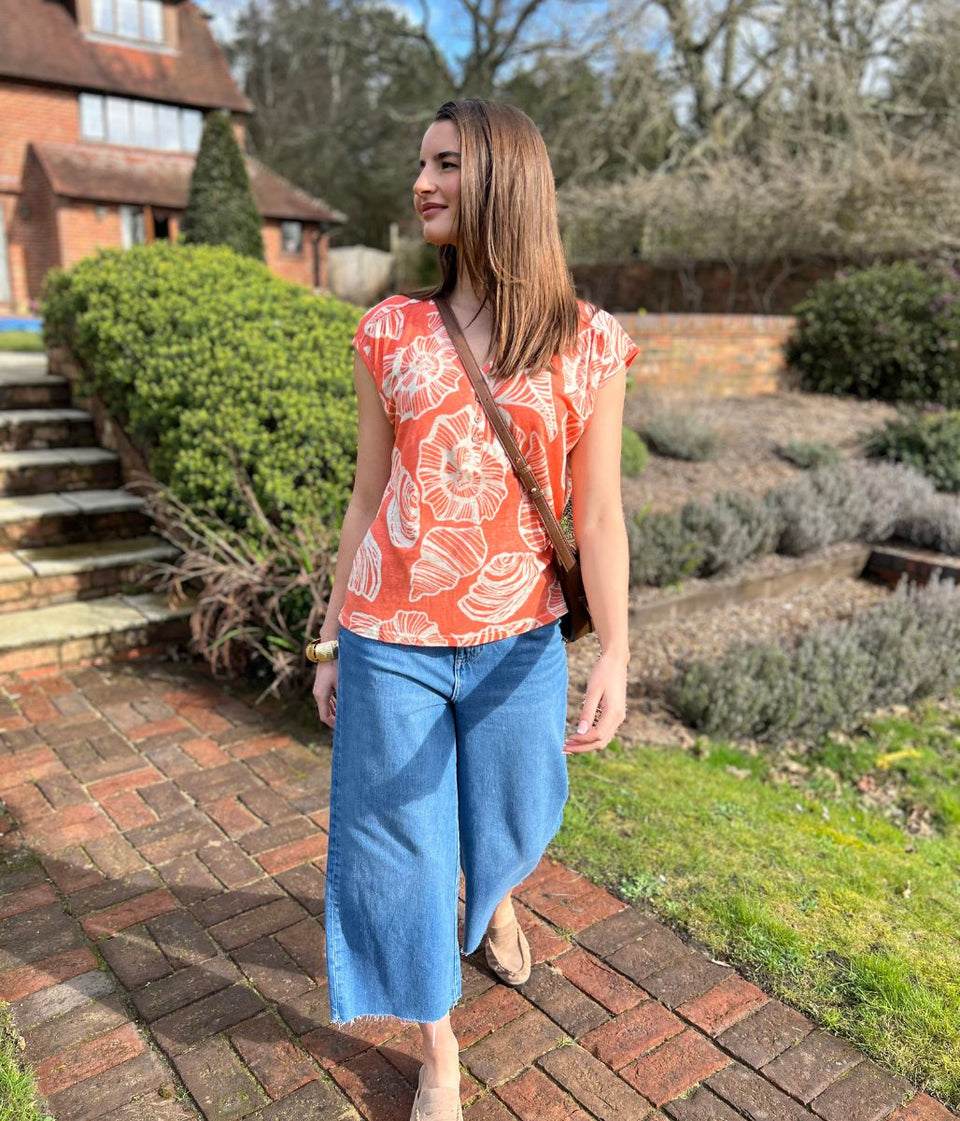 Nina Coral Print Linen Top