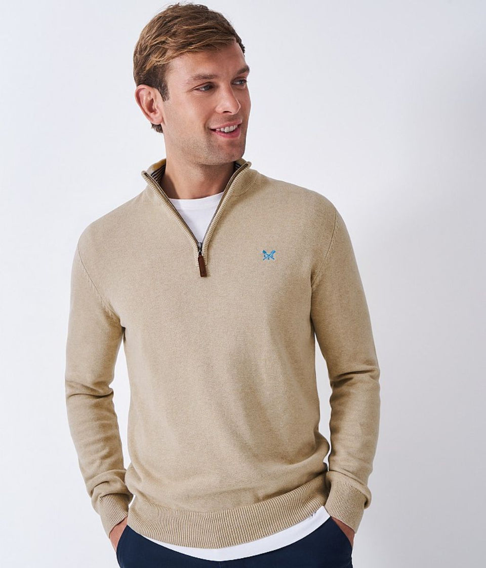 Beige Mens Cotton Half Zip Jumper