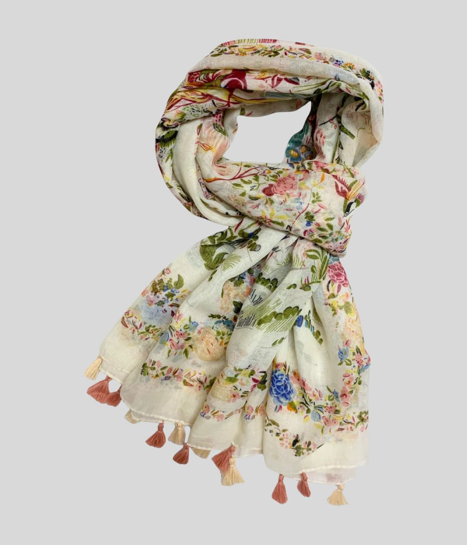 Bird & Flower Print Tasselled Edge Scarf