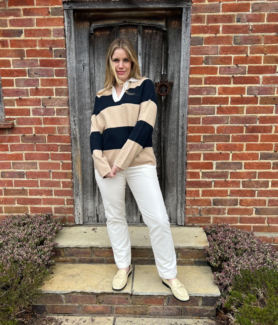 Black & Beige Soft Touch Striped Knitted Rugby Jumper