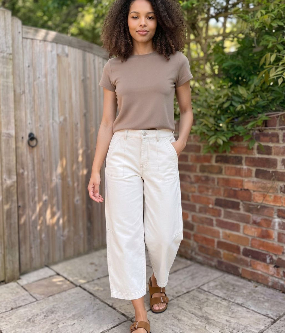 Ecru Barrel Leg Cropped Jean