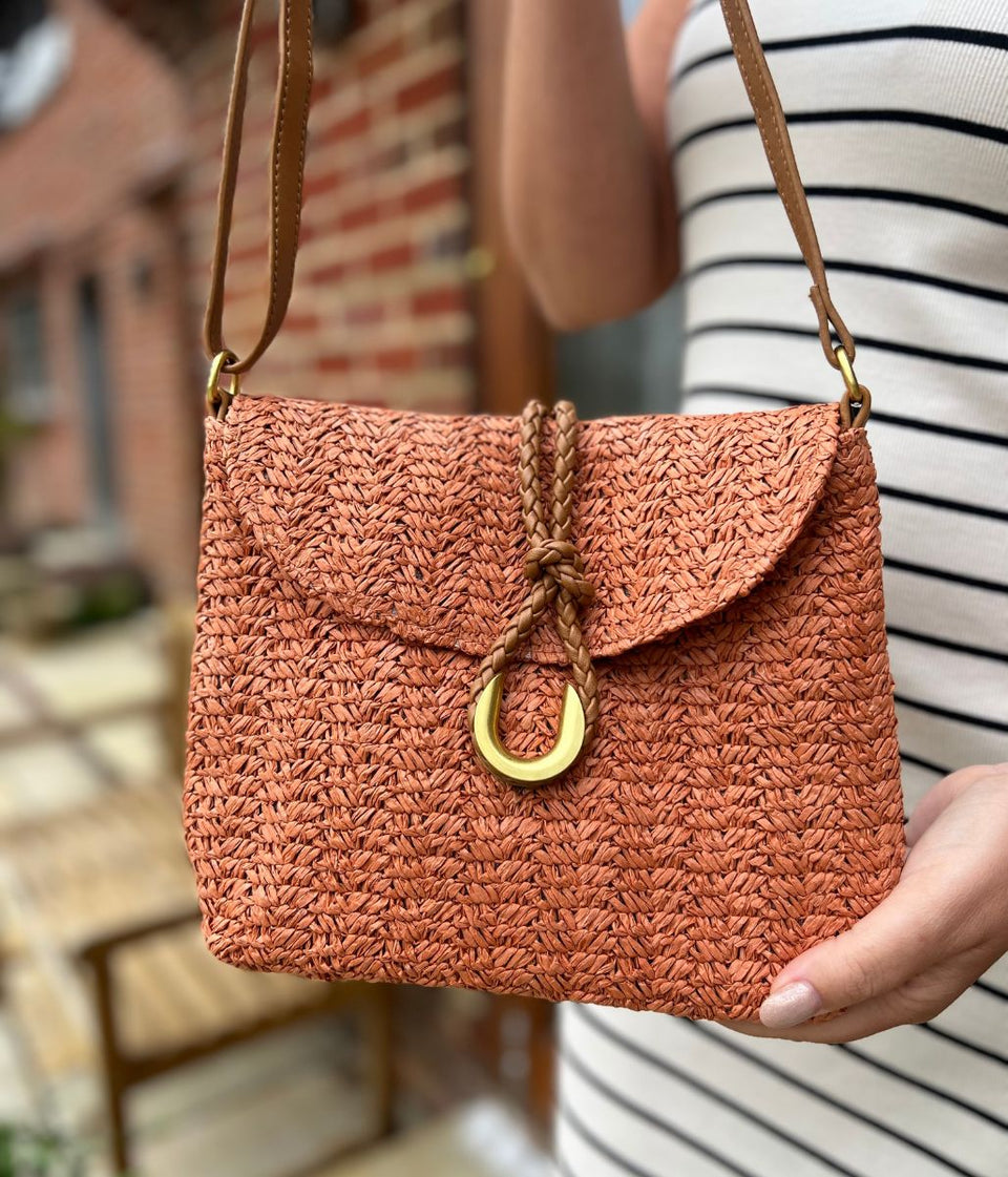 Rust Cross Body Raffia Messenger Bag