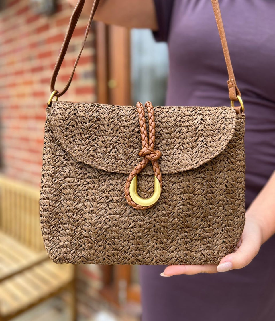 Mocha Cross Body Raffia Messenger Bag