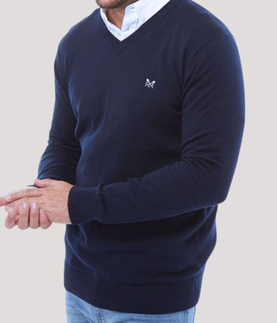 Navy Blue Mens V Neck Logo Jumper