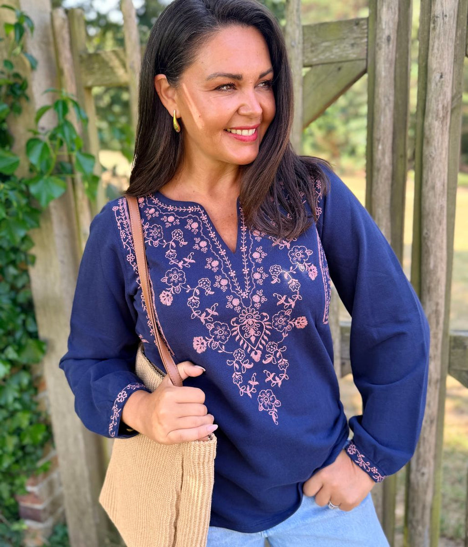 Navy Embroidered Notch Neck Top