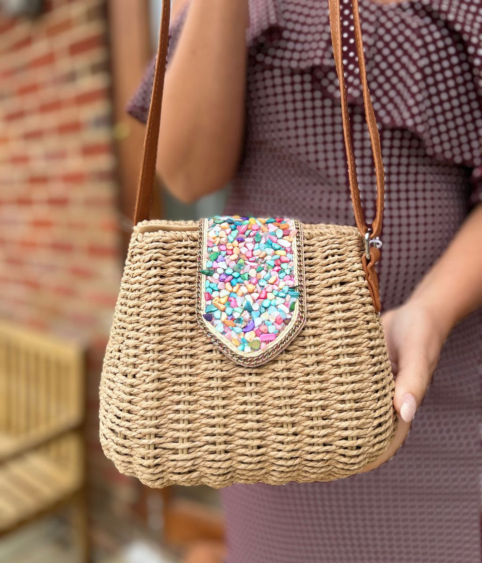 Tan Jessica Raffia Beaded Basket Weave Bag