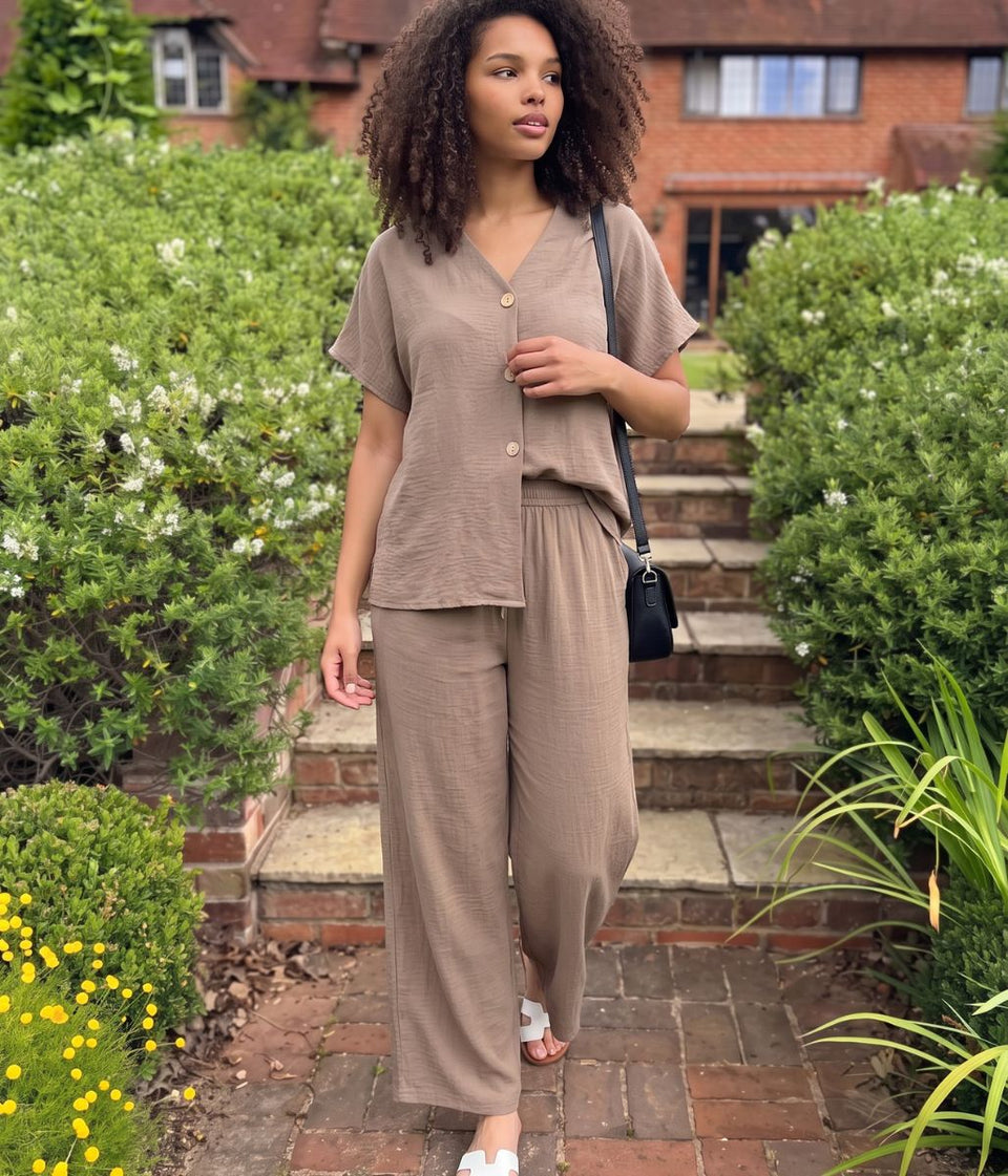 Mocha Button Through Shirt & Wide Leg Trouser Set