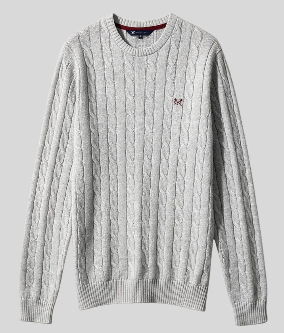 Mens Grey Oarsman Cable Knit Crew Neck Jumper