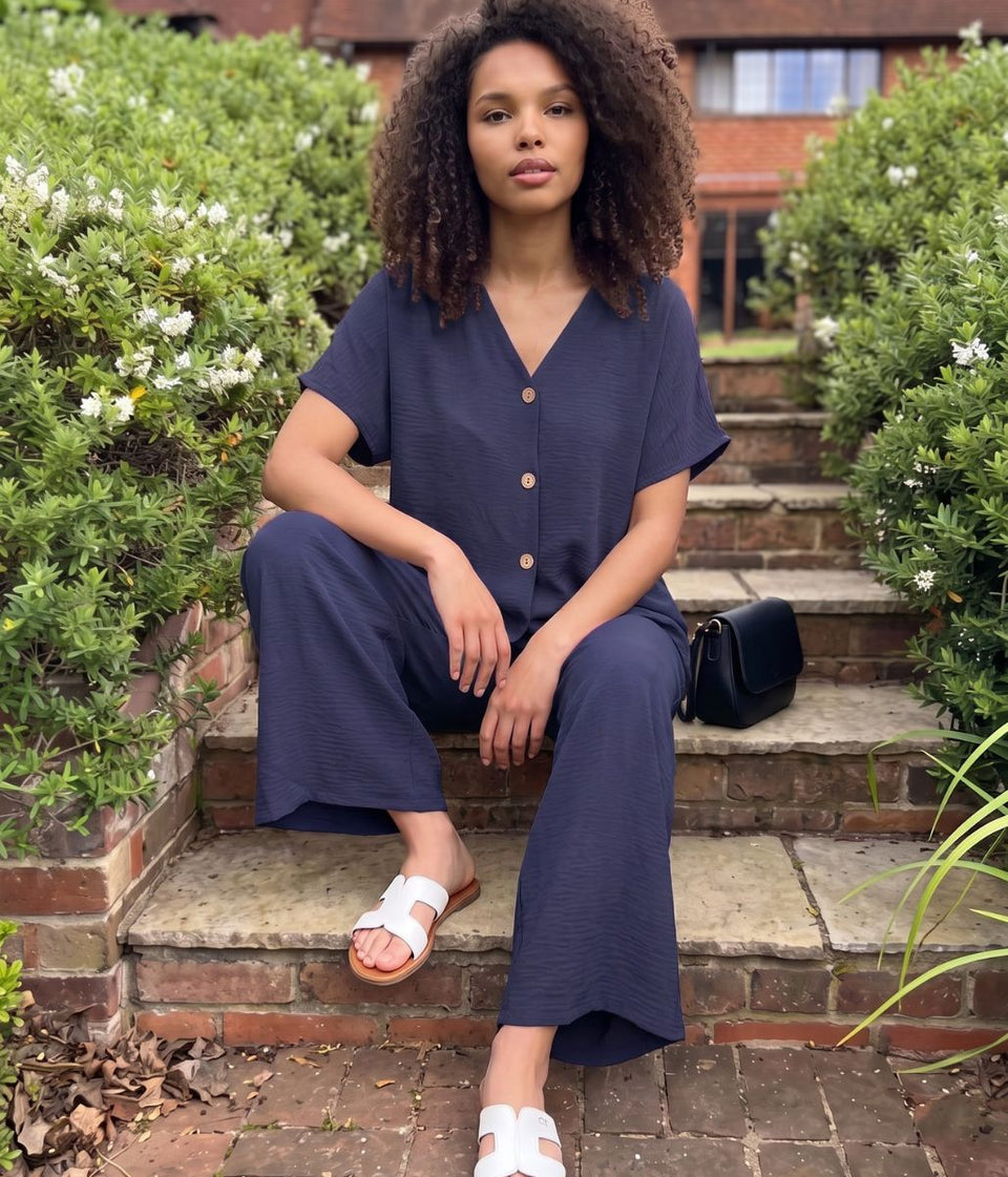 Navy Button Through Shirt & Wide Leg Trouser Set