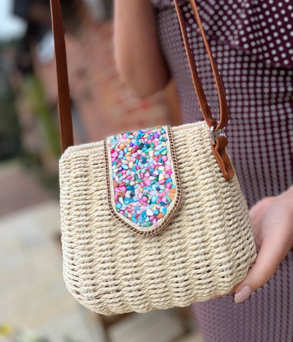 Natural Jessica Raffia Beaded Basket Weave Bag