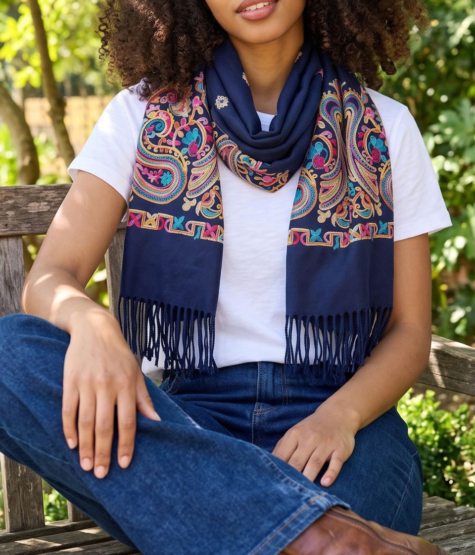 Navy Embroidered Cashmere Blend Scarf