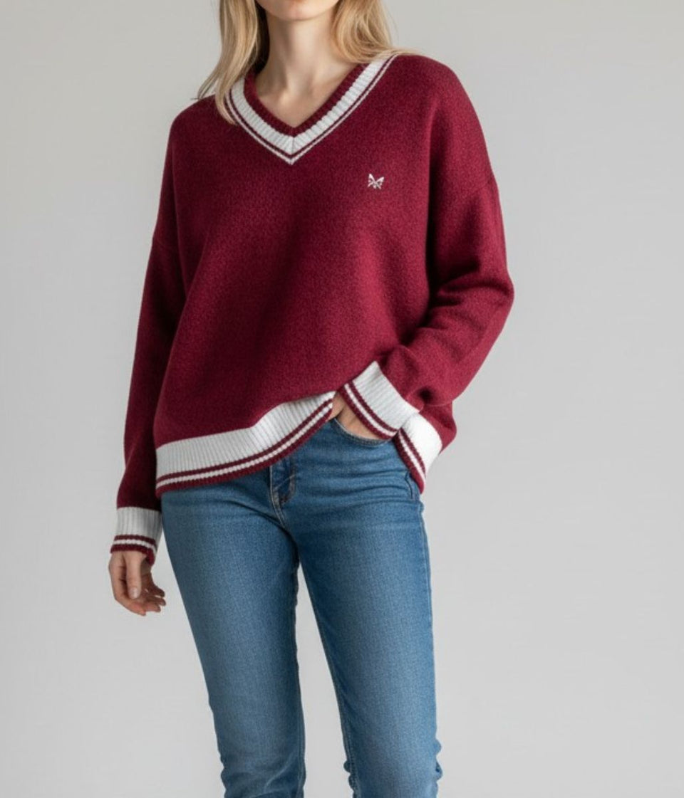 Red V Neck Oversized Cricket Jumper
