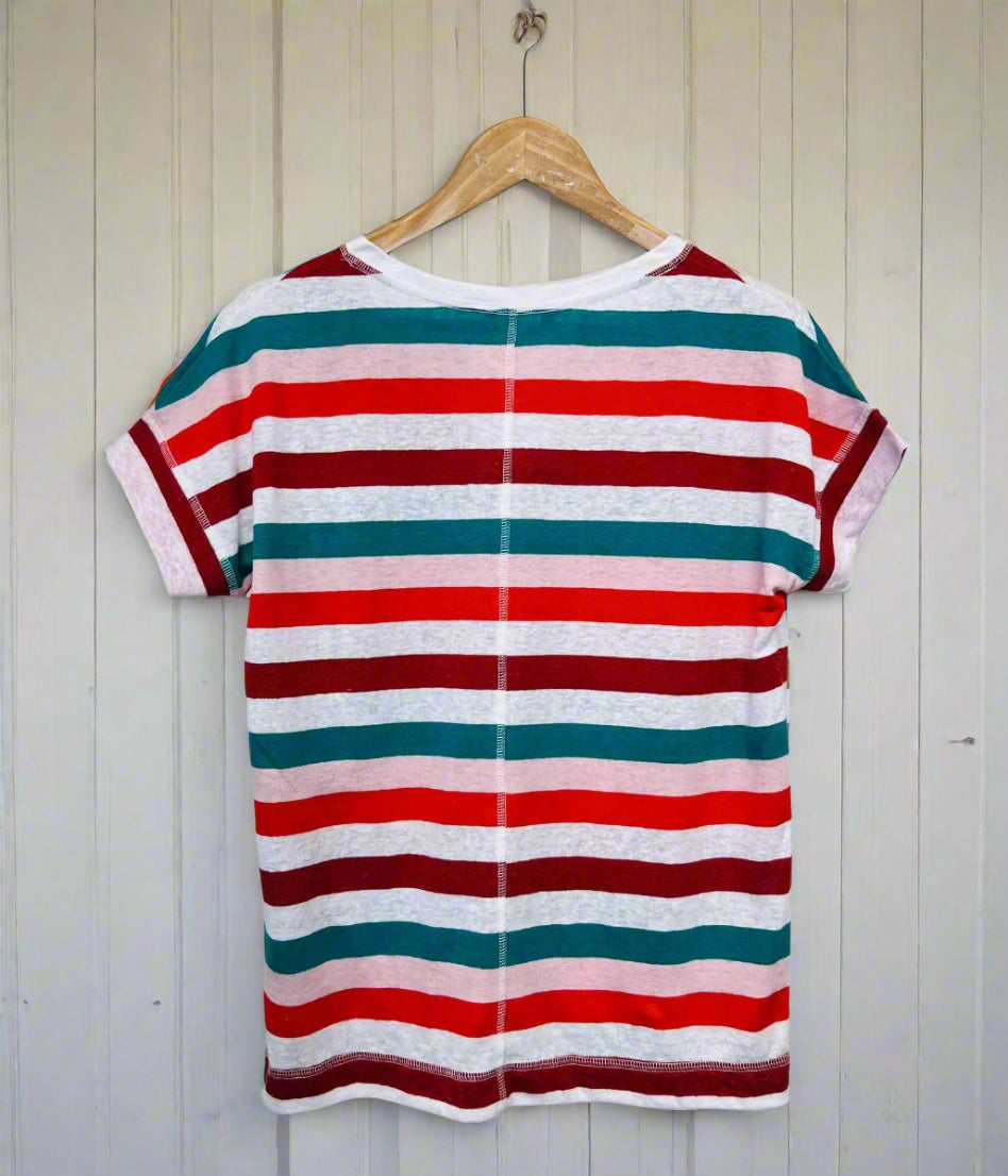 Striped Linen Blend V Neck Tee