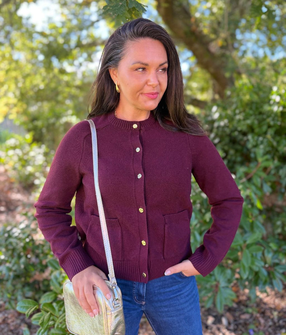 Burgundy Gold Button Pocket Cardigan